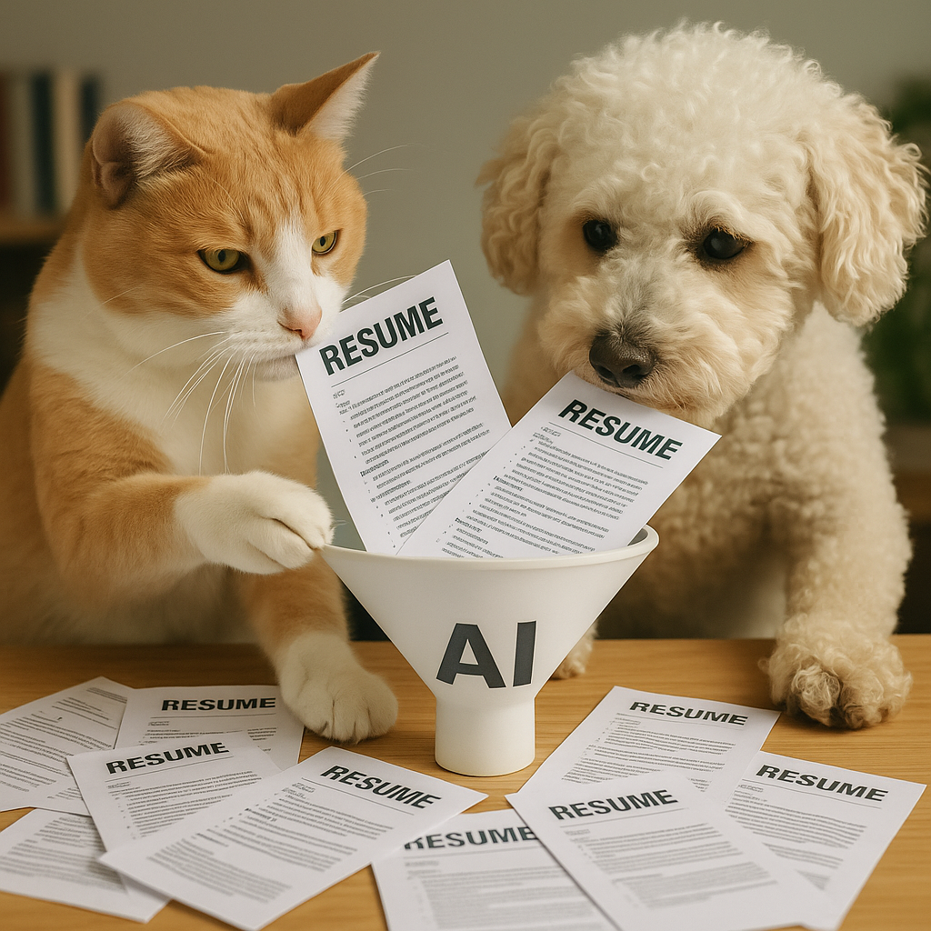 A dog and cat putting resumes in an AI labeled funnel.