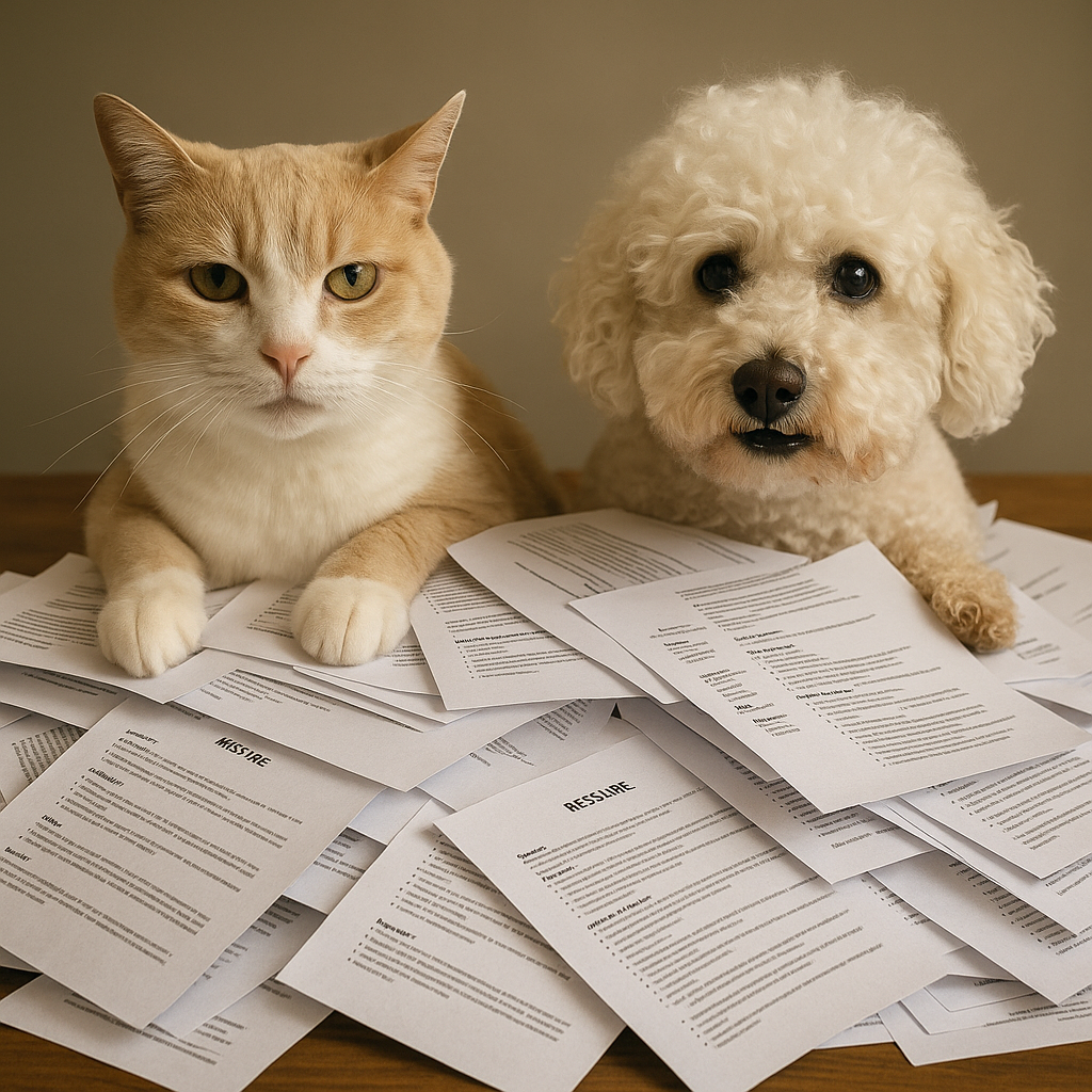 A dog and cat swamped by resumes.