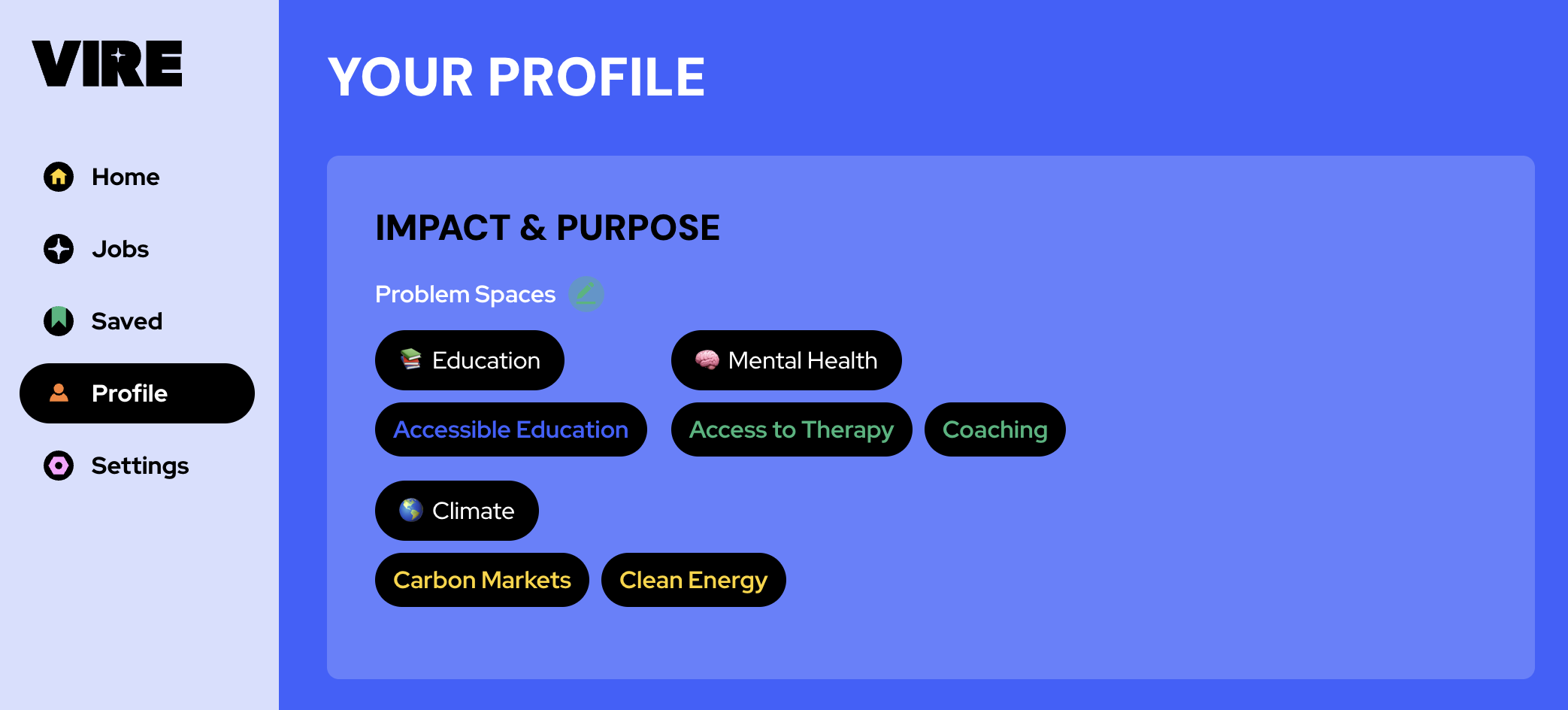 Profile view with mission selections